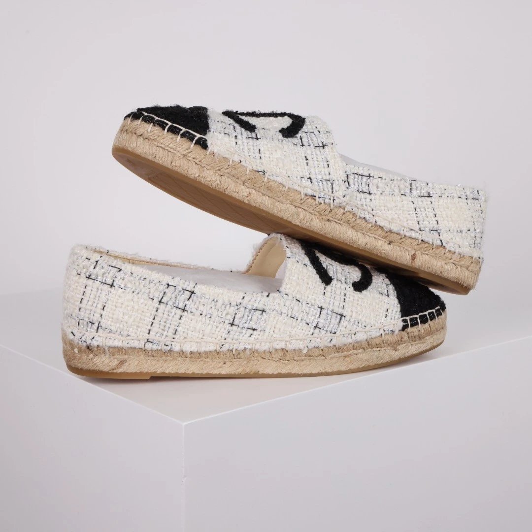 Chanel Casual Shoes Espadrille Slip-On — Beige, white, and black