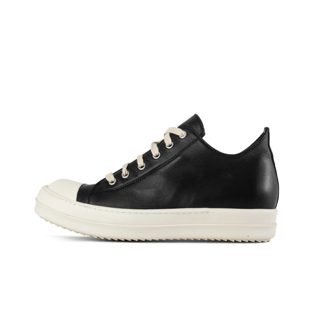 Rick Owens Sneakers Low-top lace-up with contrast side stripe and serrated sole — Black leather surface RU02A5891LPO-9111