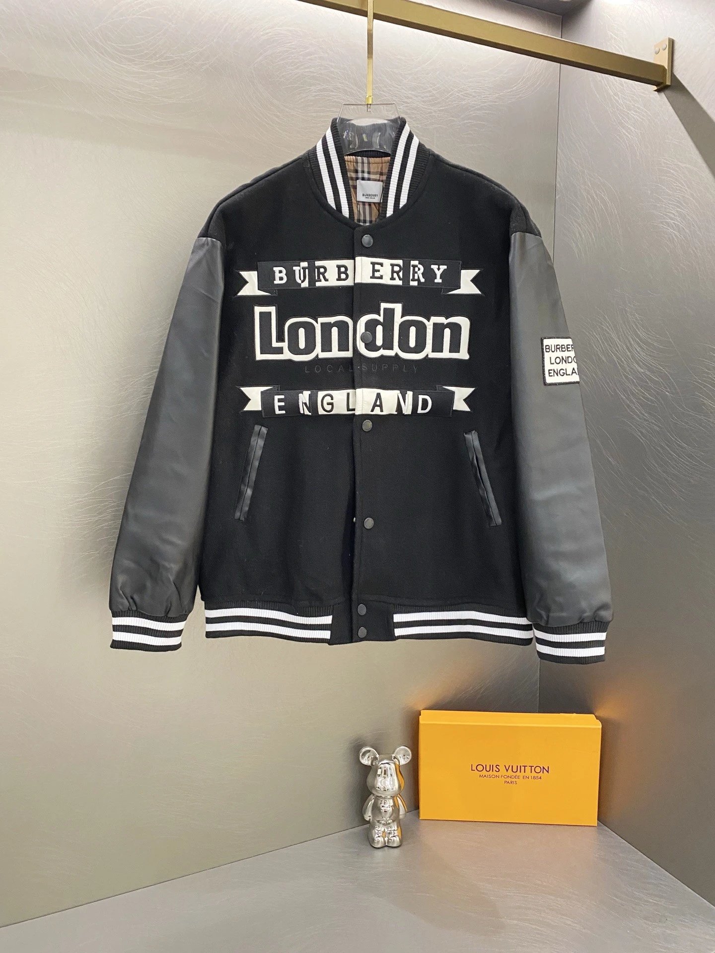 Burberry Flocked Letter Embroidered Patchwork Varsity Jacket 01