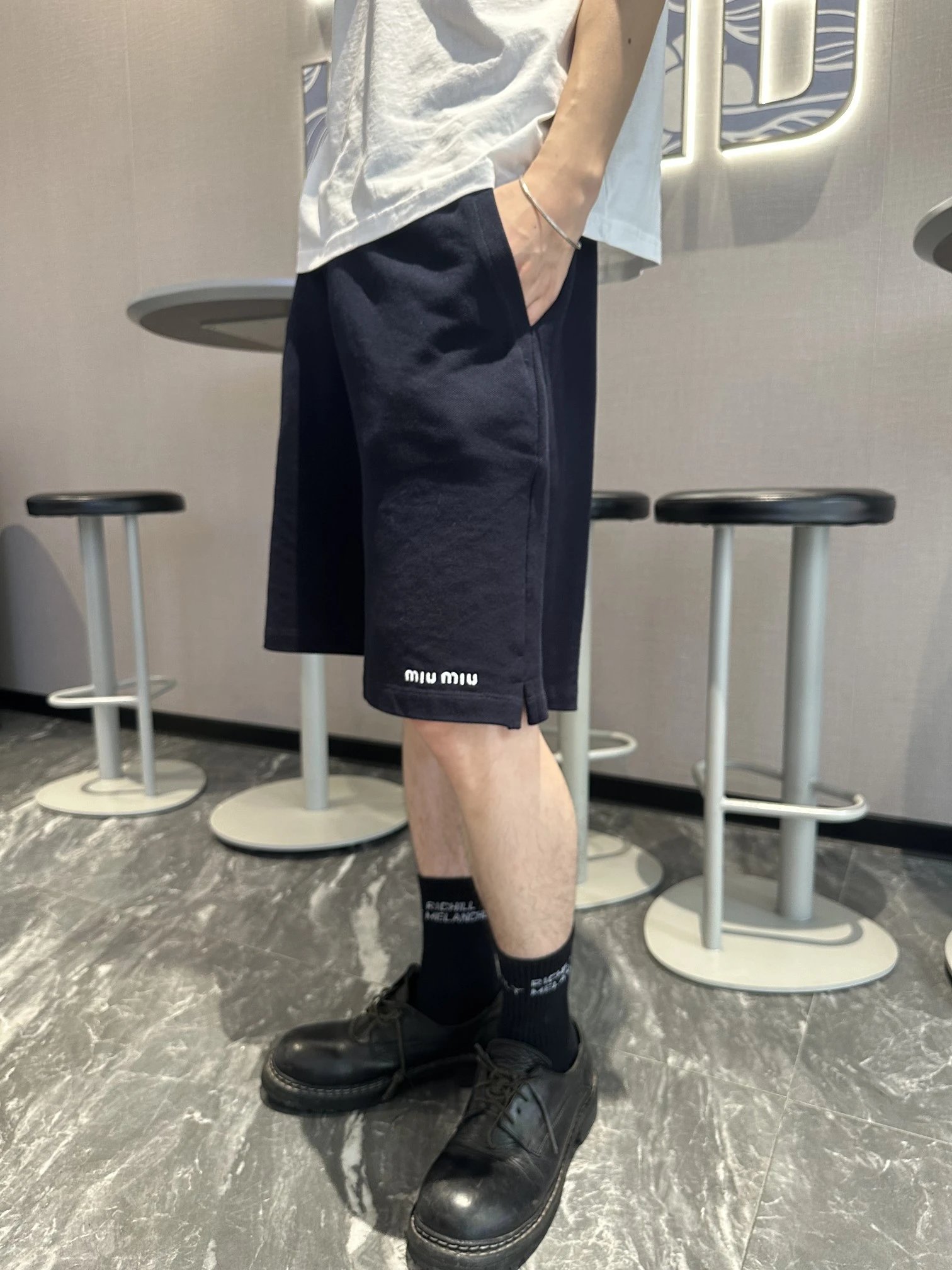 HFsMade Navy Blue Embroidered Pique Cotton Shorts
