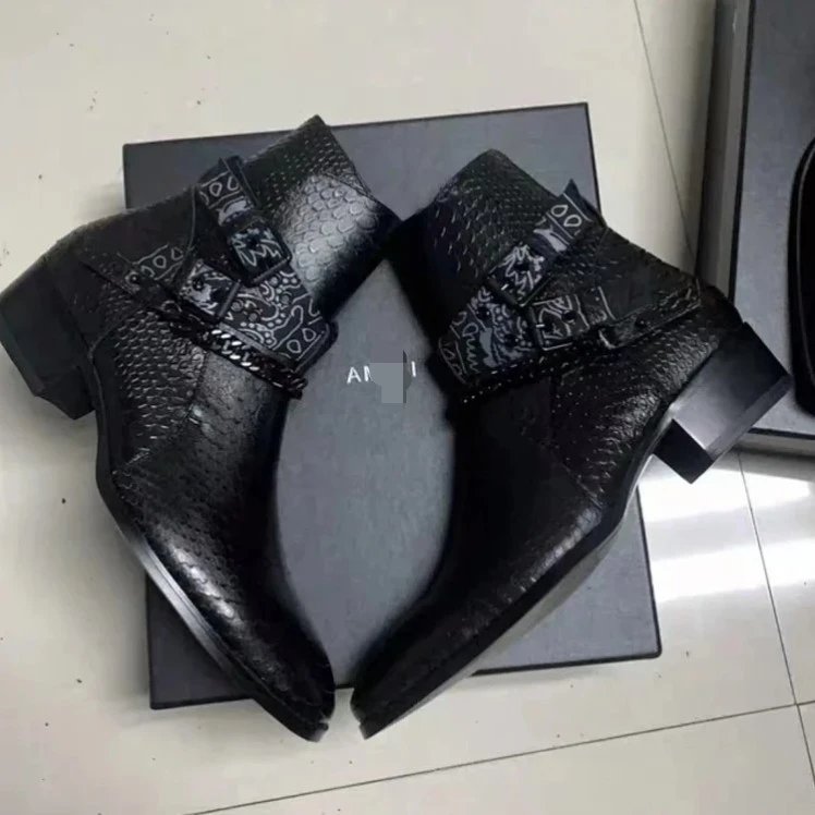 Mr. Wu Laowu Knife-Cut Snakeskin Scale Embossed Black Leather Paisley Western Martin Chelsea Boots, Complete with Box Logo Packaging! AM* Style (By placing an order you acknowledge and agree to the purchase instructions in the product details below)