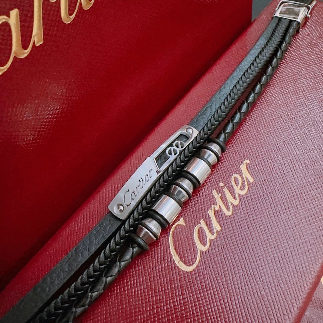 Cartier Love Bracelet Black Leather and Stainless Steel Bracelet Jewelry - 6