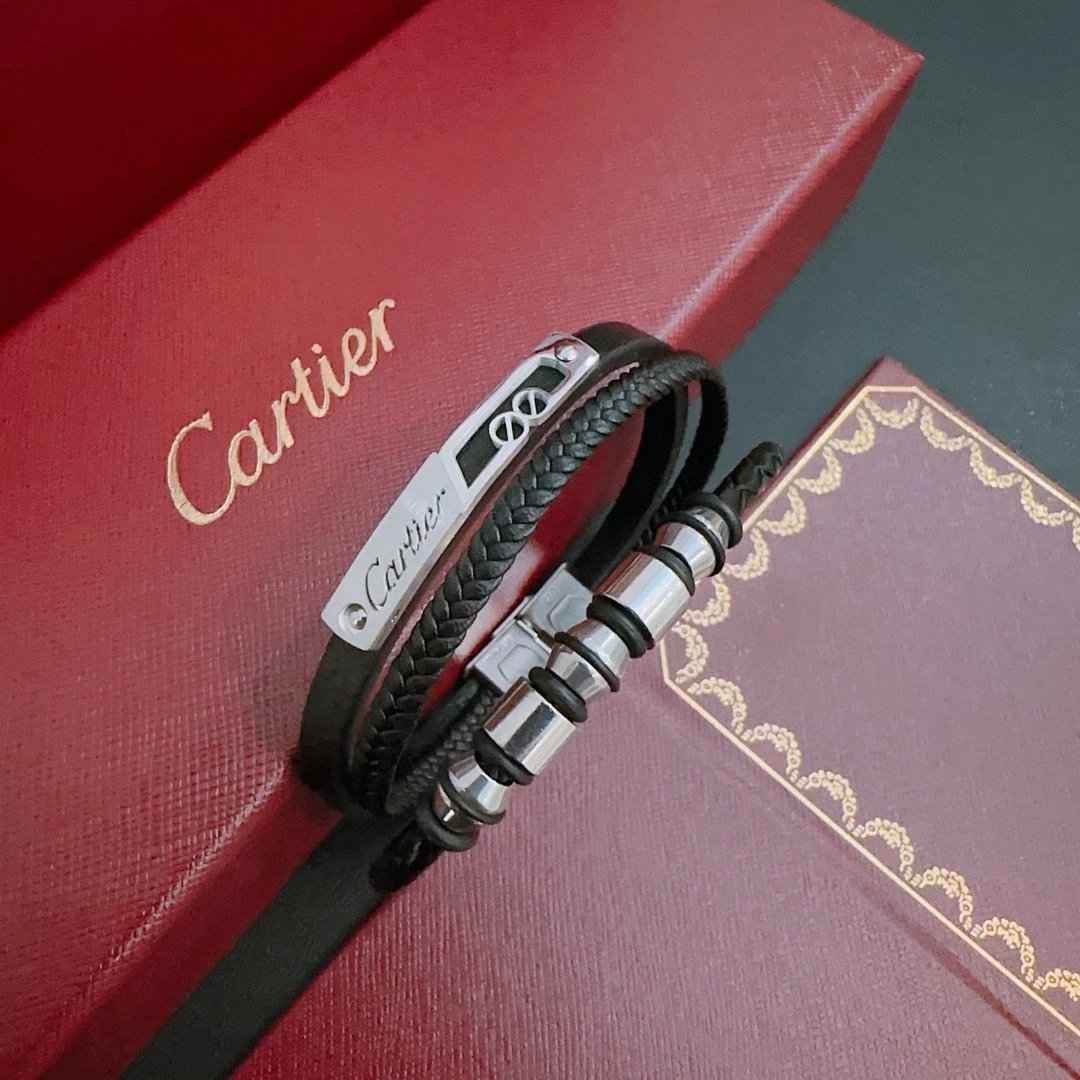 Cartier Love Bracelet Black Leather and Stainless Steel Bracelet Jewelry - 4