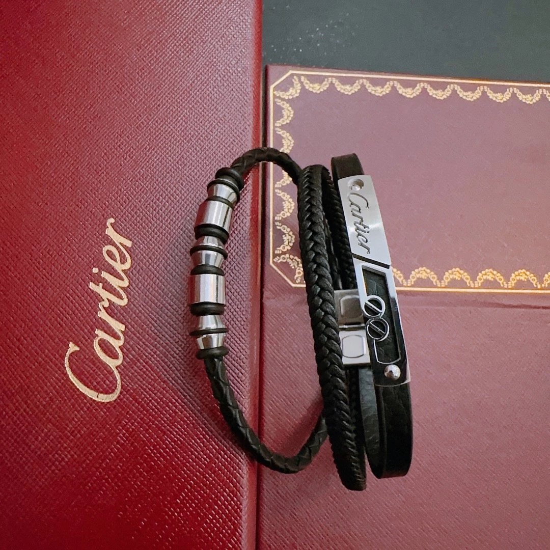 Cartier Love Bracelet Black Leather and Stainless Steel Bracelet Jewelry - 3