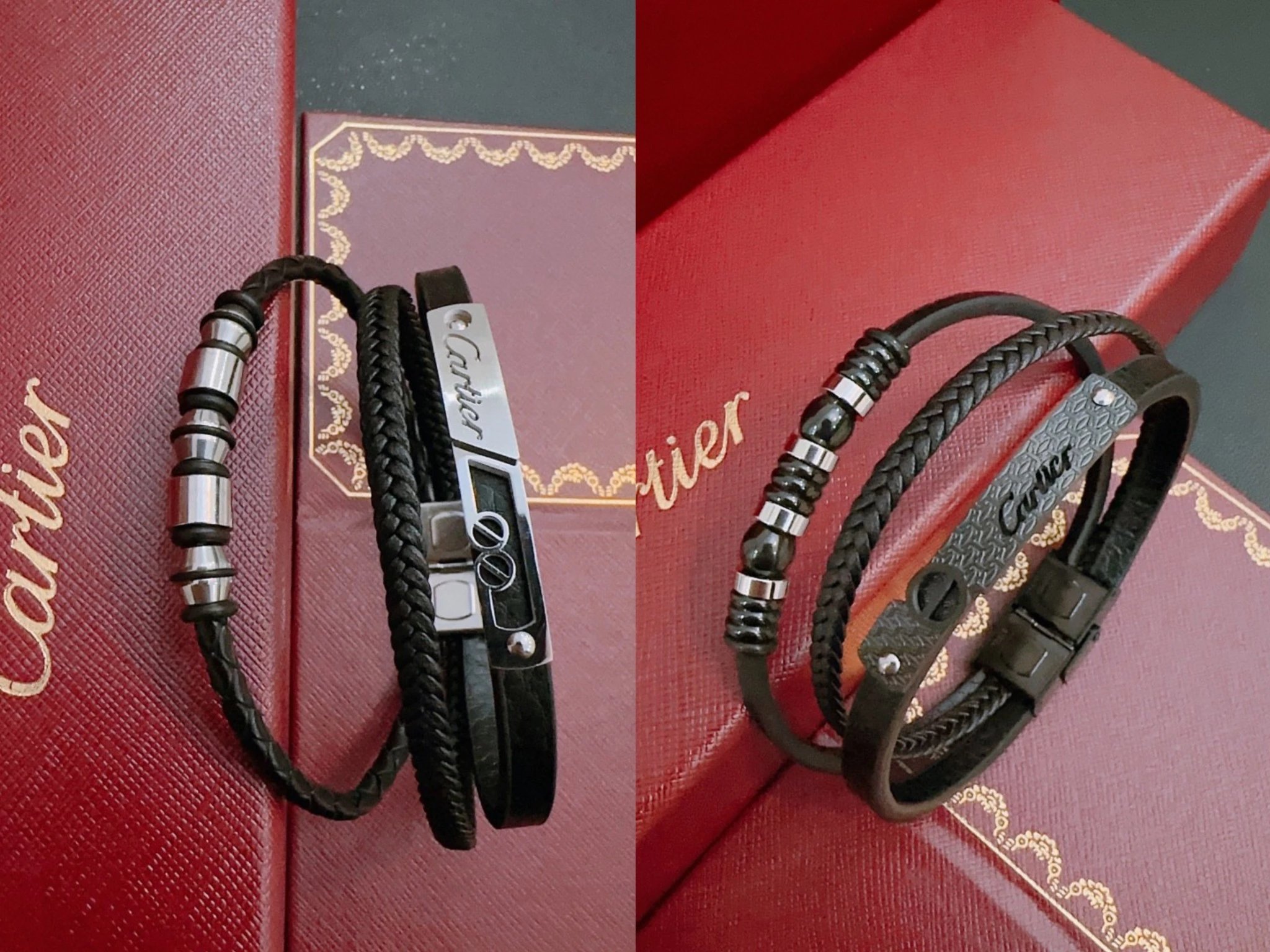 Cartier Love Bracelet Black Leather and Stainless Steel Bracelet Jewelry - 2