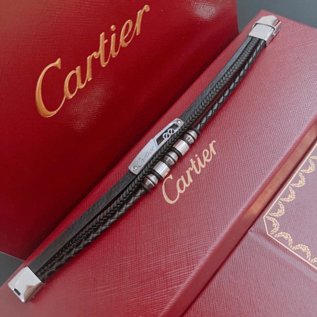 Cartier Love Bracelet Black Leather and Stainless Steel Bracelet Jewelry - 5