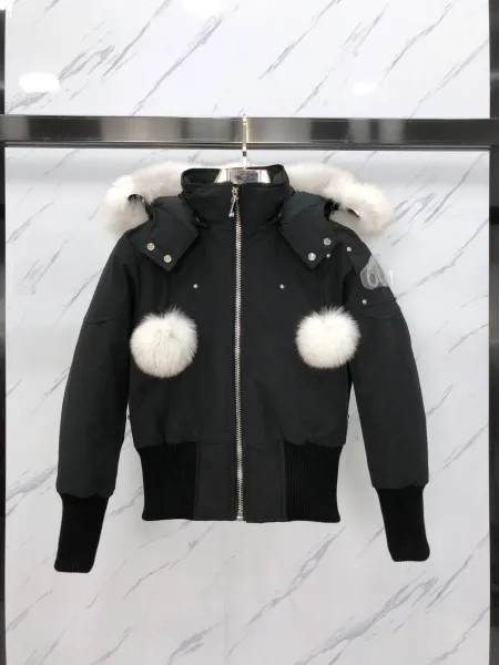 Moose Knuckles Parka Black with White Fur Trim and Pom-Poms Down Jacket - 1
