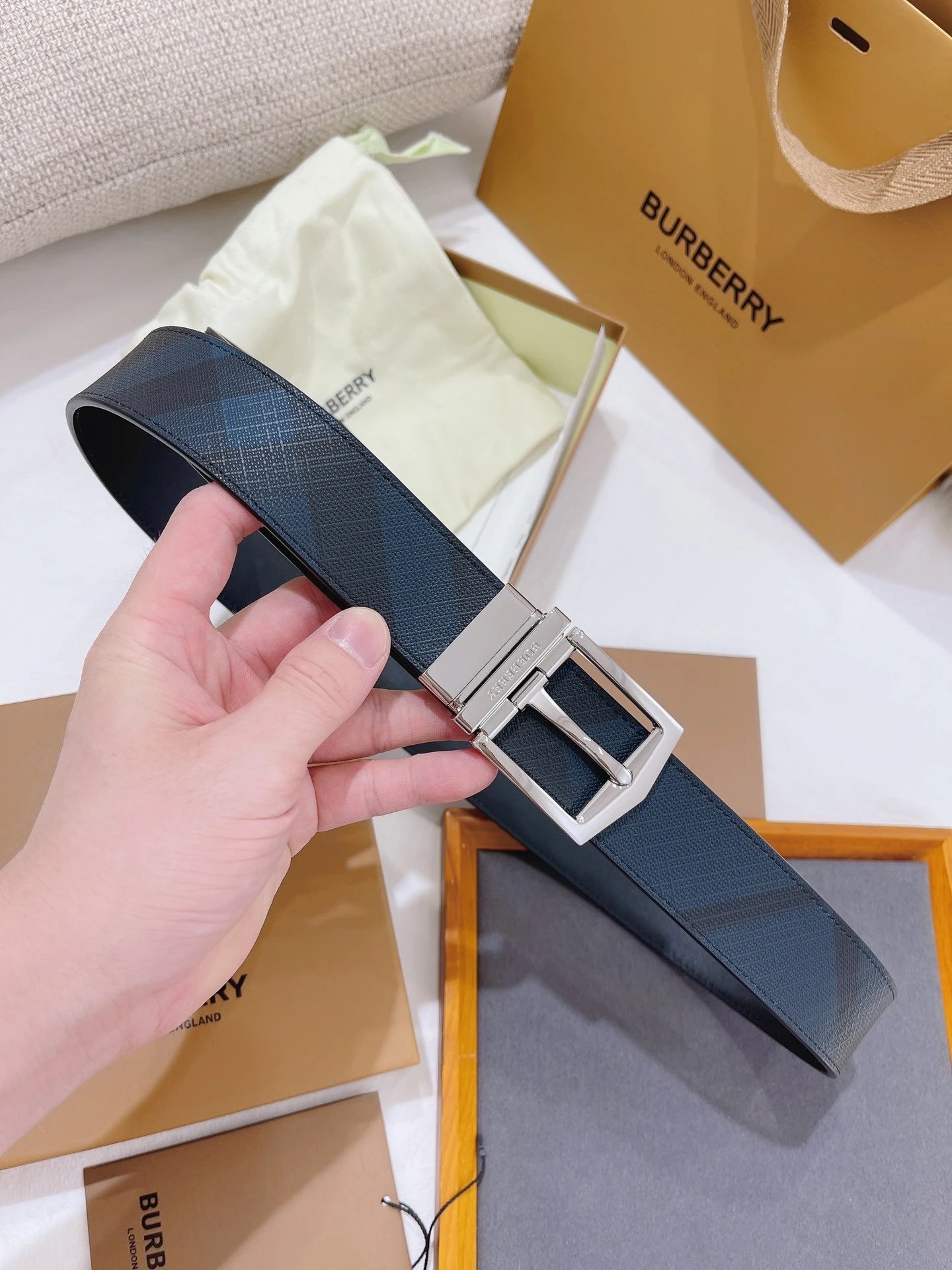 款3 银色扣 蓝格纹