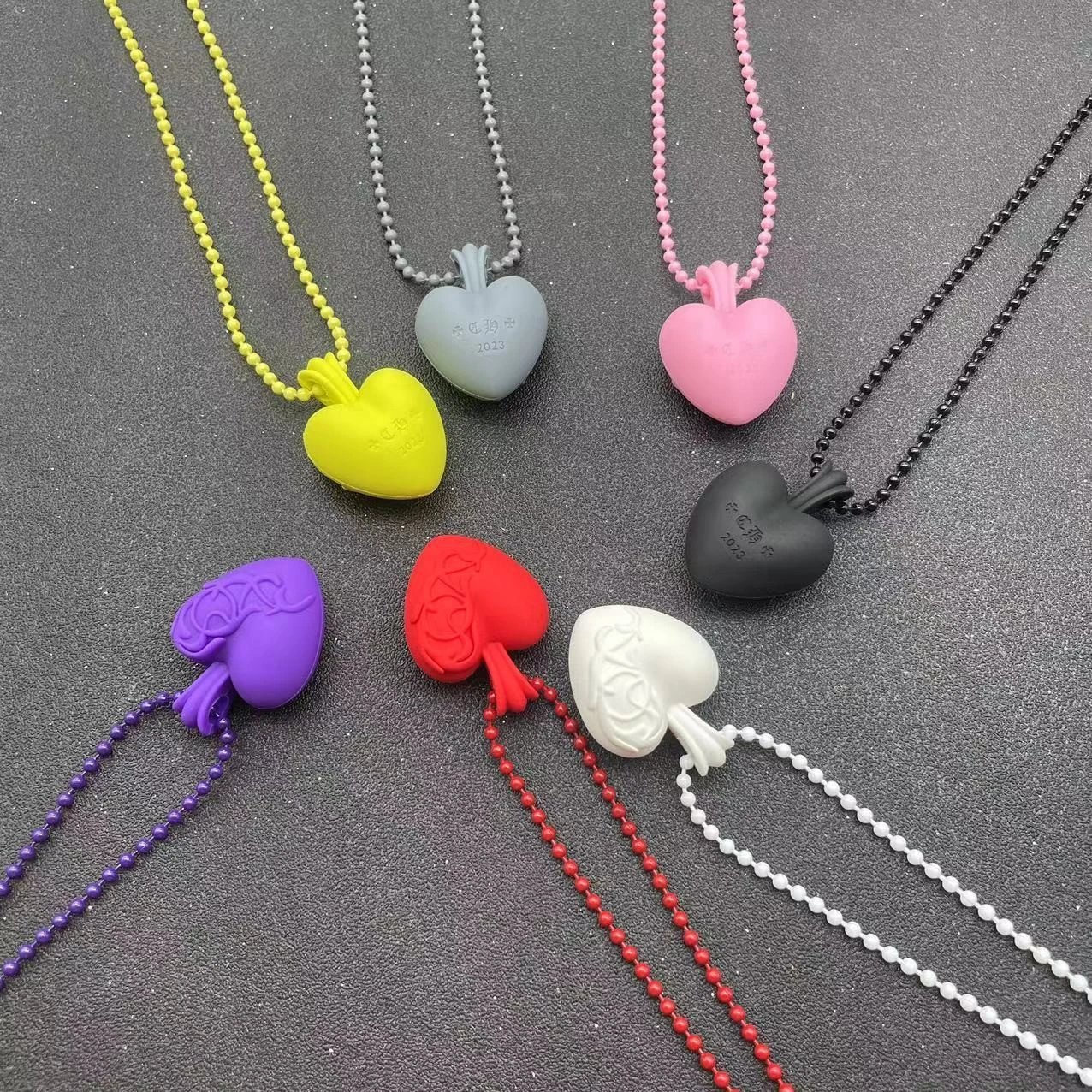 Chrome Hearts Heart Pendant Necklace Purple Ball Chain Jewelry - 3