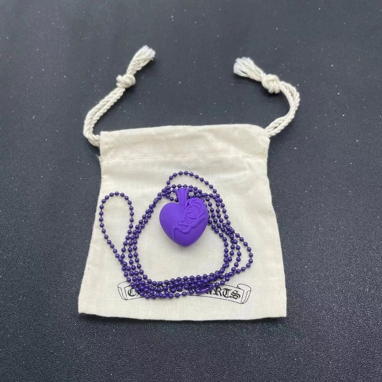 Chrome Hearts Heart Pendant Necklace Purple Ball Chain Jewelry - 7