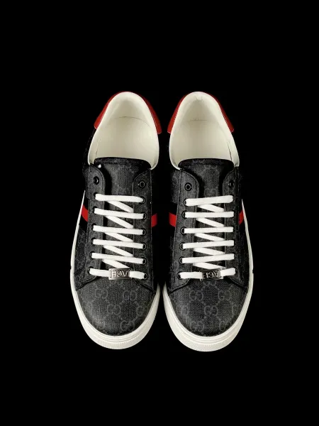 Gucci New Ace GG Monogram Gray Red Stripe Sneakers - 7