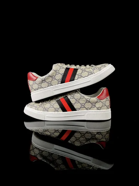 Gucci New Ace GG Monogram Gray Red Stripe Sneakers - 12
