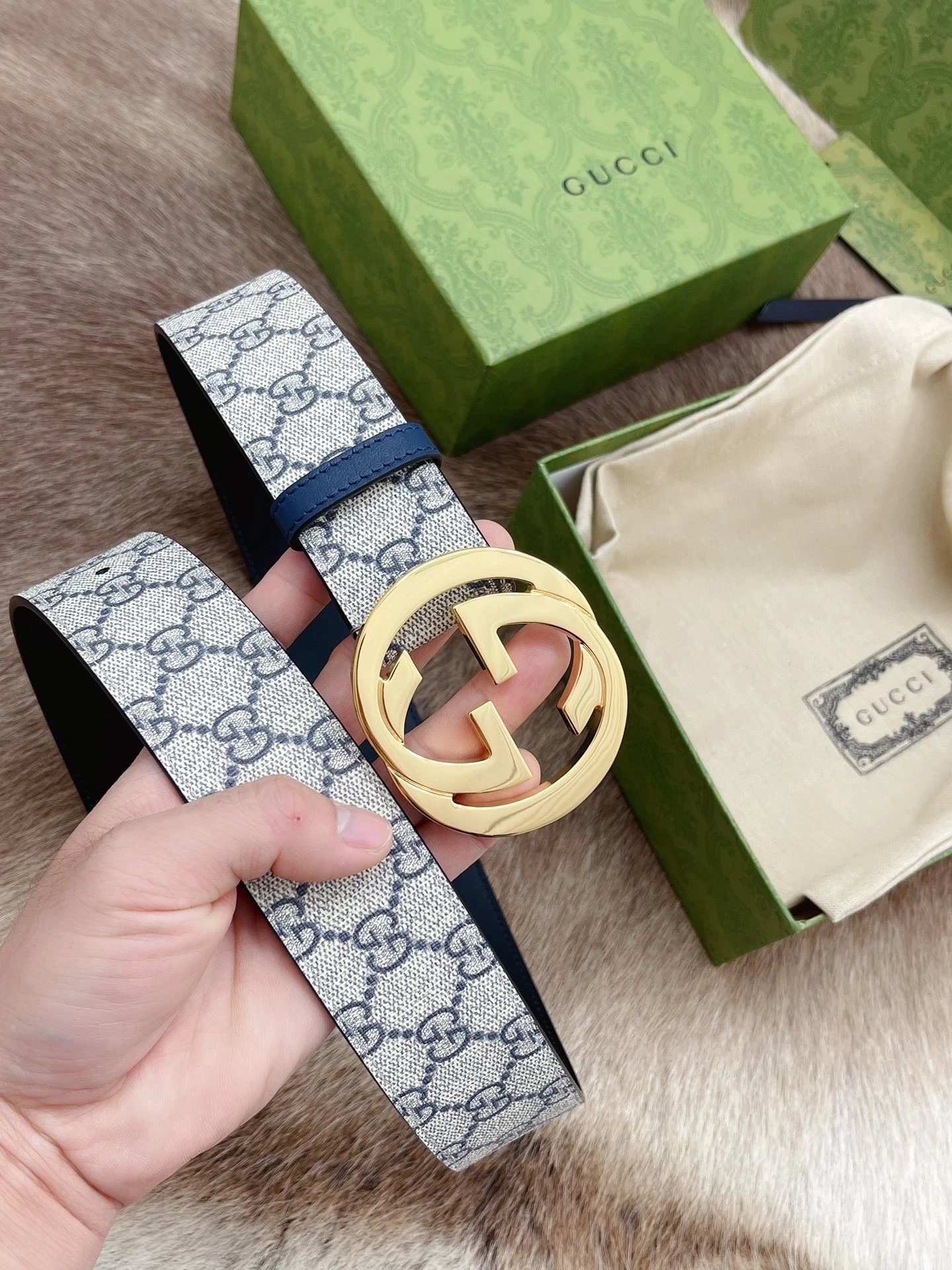 7 # Gold Buckle/Blue Flower Leather