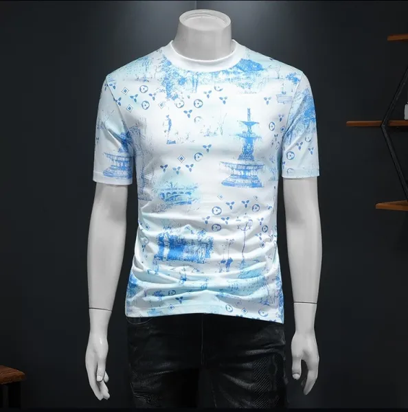 Design Blue-and-White Architectural Print T-Shirt - 1