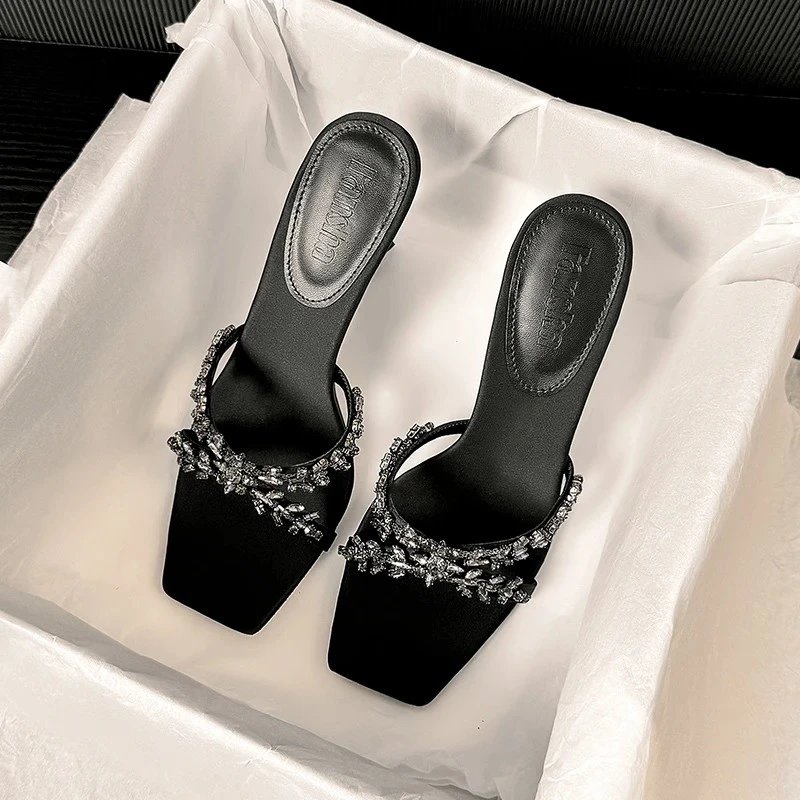 Internet celebrity-style satin summer new arrival rhinestone high-heeled slide sandals, boss lady vibe square-toe chunky-heel open-toe slip-ons, YSL-inspired sexy high heels