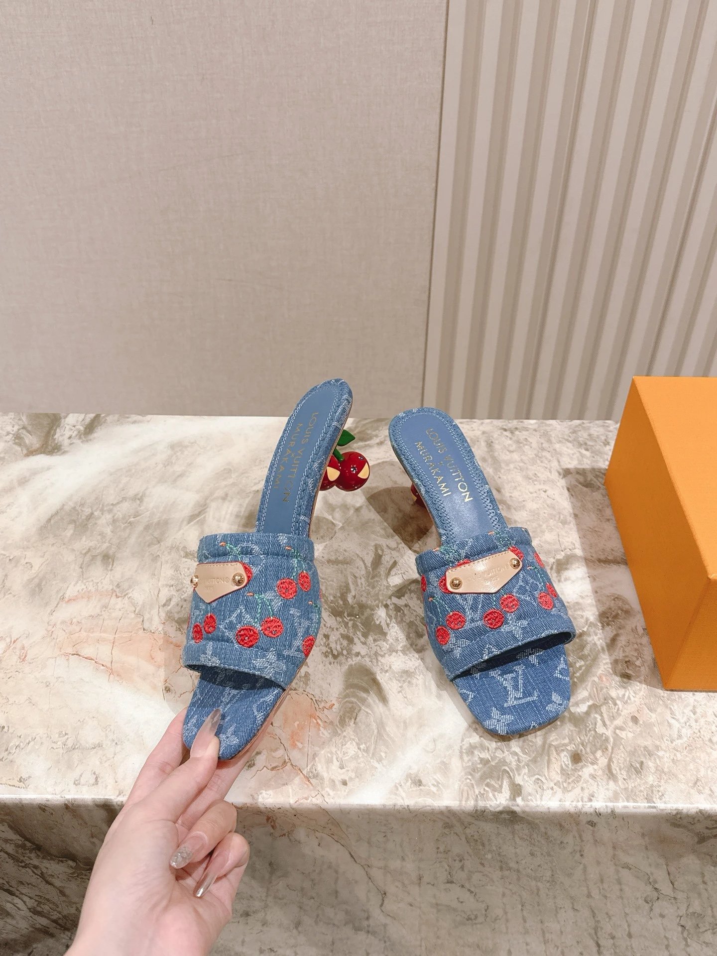 High Version 2025 Summer New Cherry Heel One-Strap Sandals Square Toe Sandals Women Takashi Murakami Collaboration Embroidered Colorful Monogram Logo Letter Cherry Heel One-Strap Slippers Women Vintage Square Toe Sakura Denim Outer Wear Vacation Beach High Heel Sandals In Stock