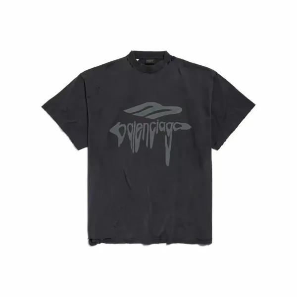 Balenciaga Distressed Logo Print Black T-Shirt - 1