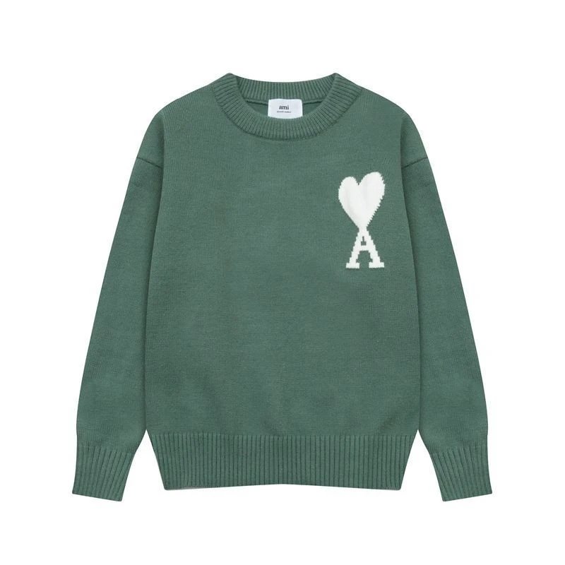 Green Knit Sweater with Heart and Letter A Design