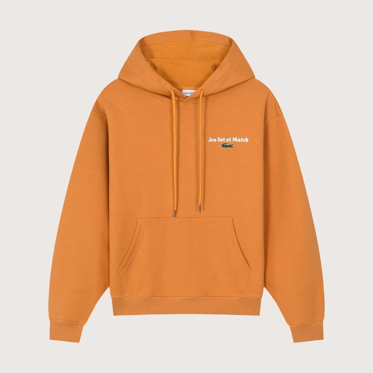 Lácostè logo and classic fish-patterned sweatshirt, available in multiple colors with hood and pockets.