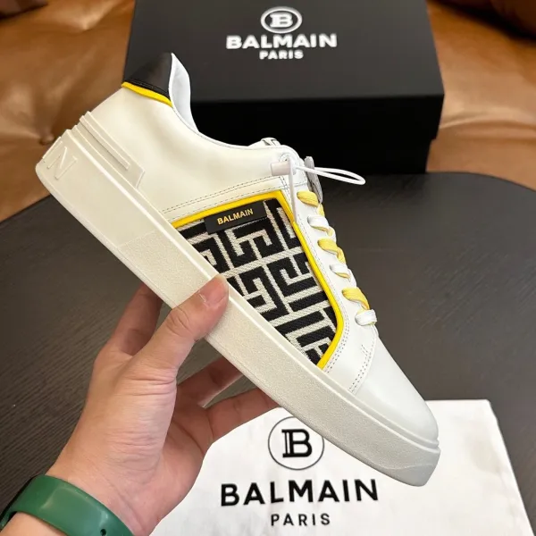 Balmain Logo-Paneled White Leather Sneakers with Yellow Accents - 1