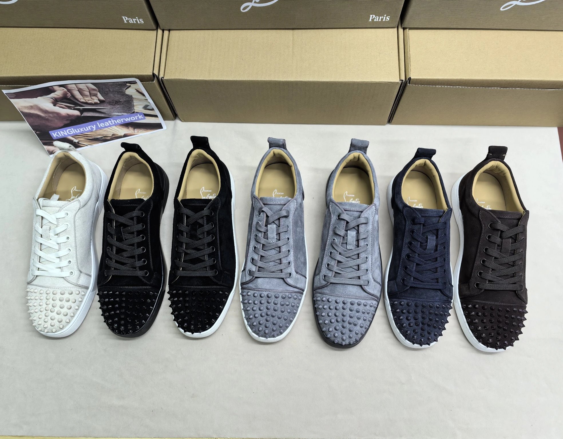 Christian Louboutin Spike Stud Suede White Black Gray Navy Casual Sneakers