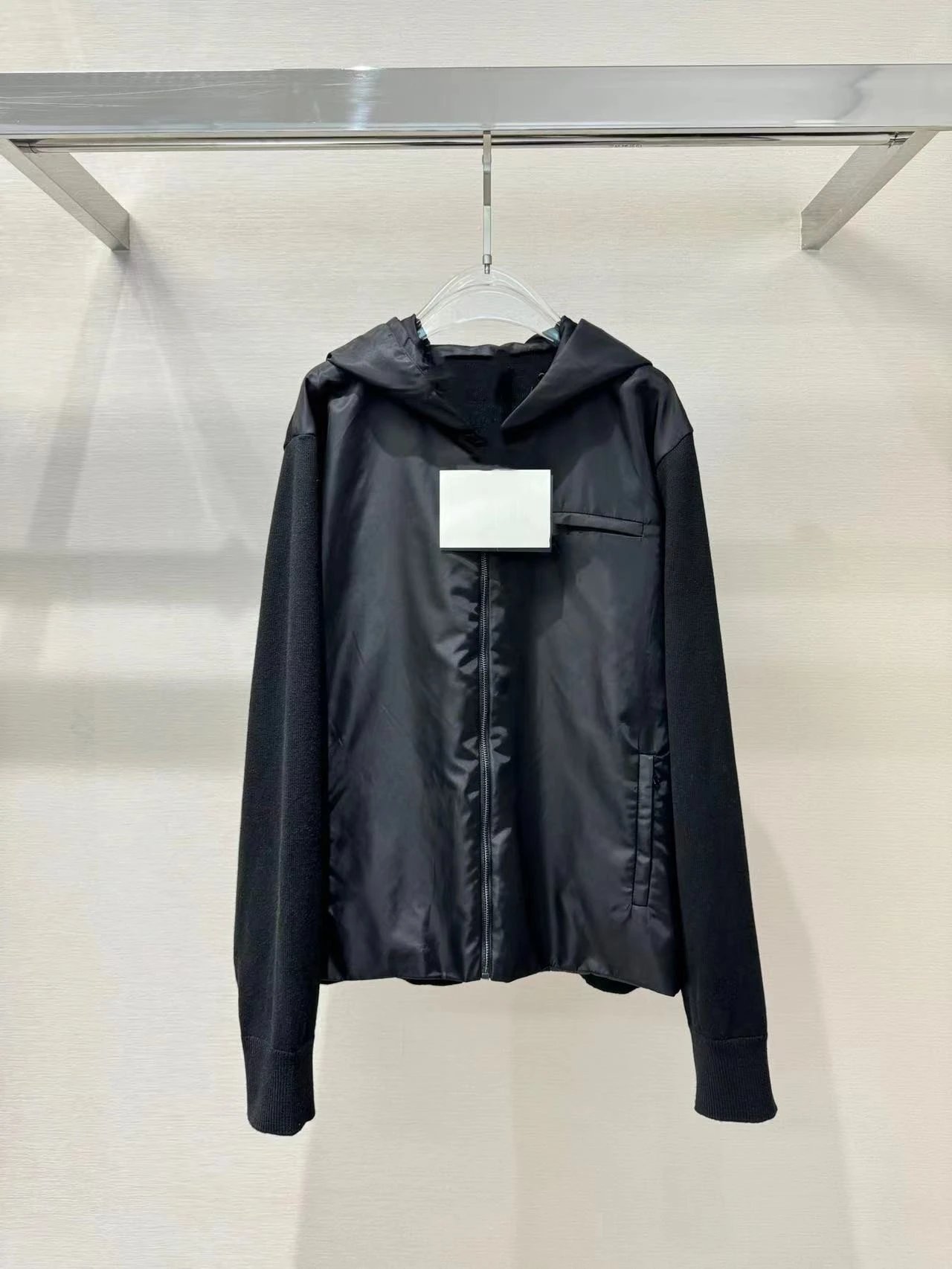 808 Pu Nylon knit patchwork hooded jacket
