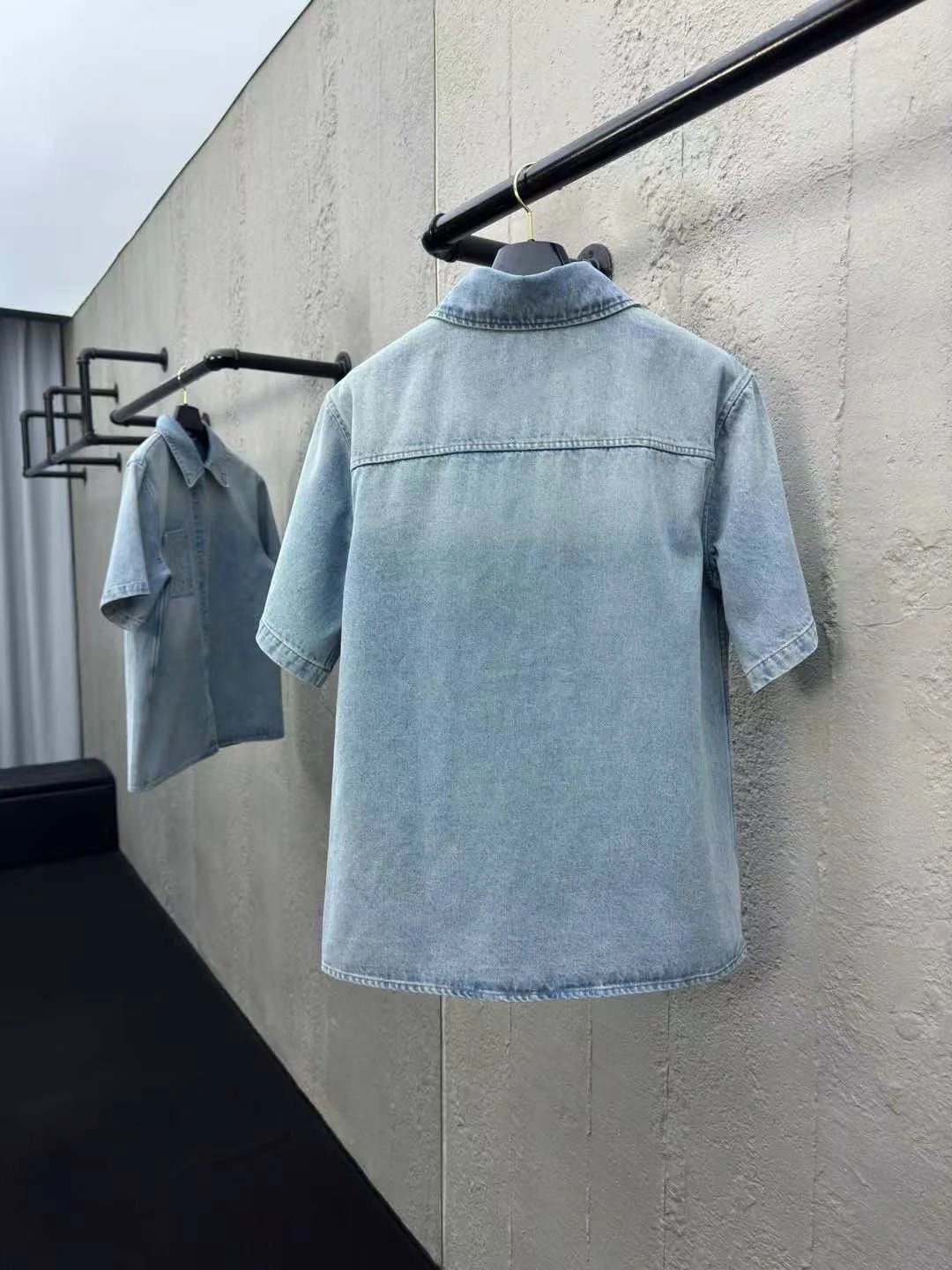101 Road Pocket Yellow Line Denim Short Sleeve Shirt