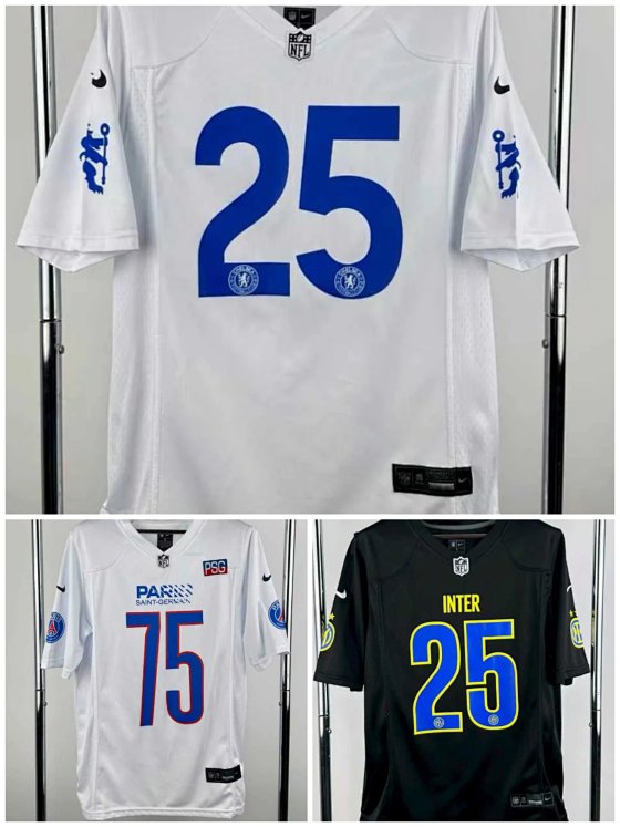 Chelsea/Inter Milan/PSG 2025 White NFL Collaboration Special Edition Baseball Jersey - Chelsea & Inter are #25, PSG is #75