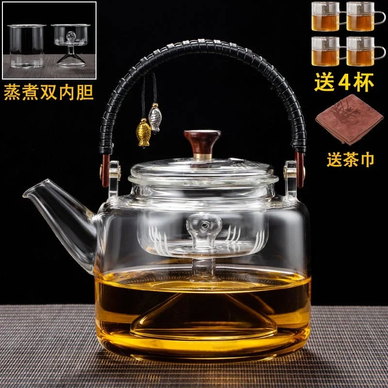 特价玻璃杯煮茶壶】家用竹把提梁壶蒸煮茶壶玻璃壶泡茶壶过滤煮茶器烧