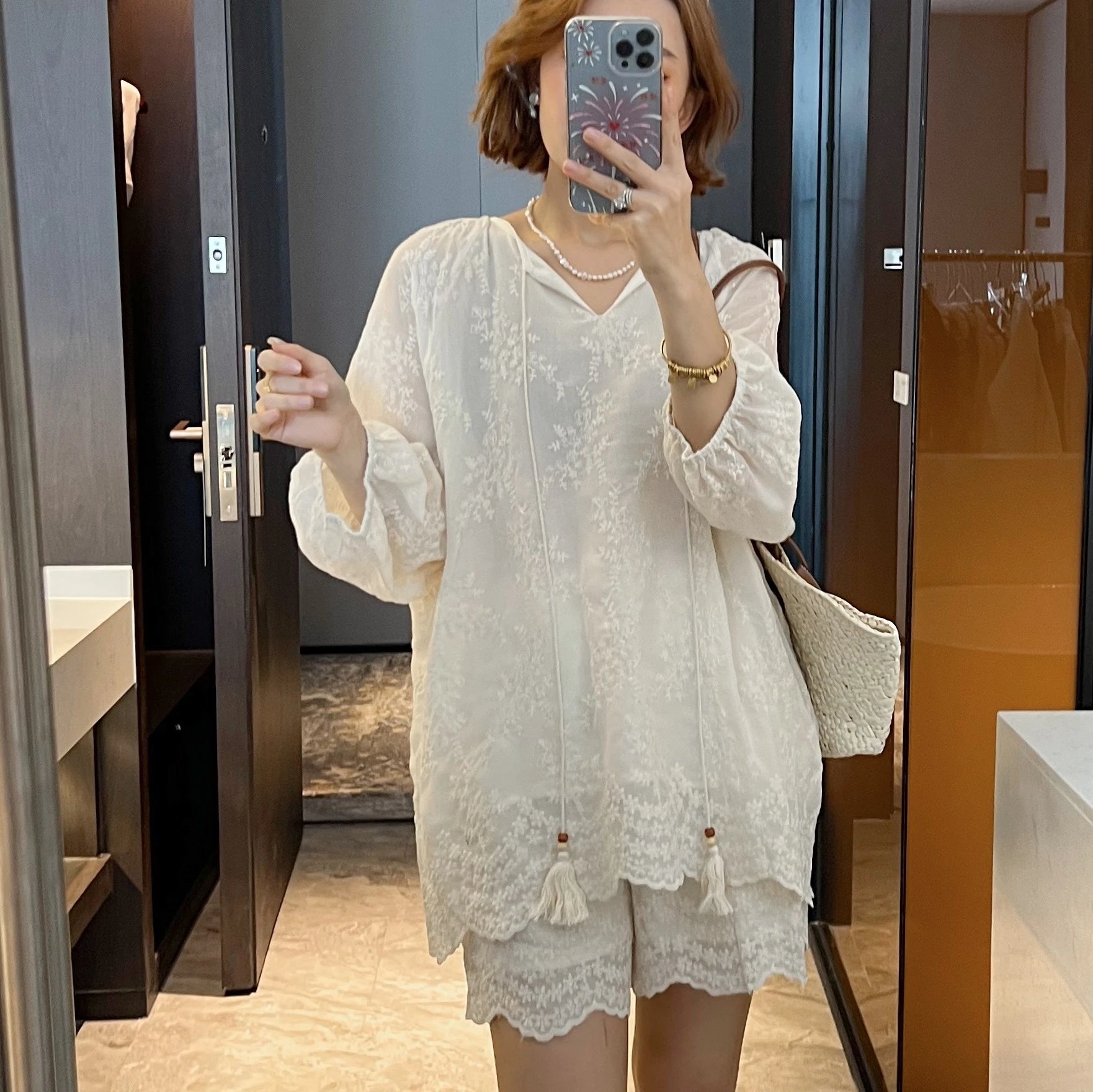 H&M女装连衣裙2024夏季露肩喇叭裙摆棉质碎花连衣短裙1231427