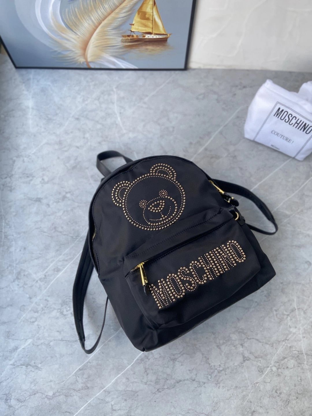 moschin莫斯奇诺双肩包 女包 铆钉熊背包 女休闲背包 电脑包 字母双肩包 尼龙书包 5