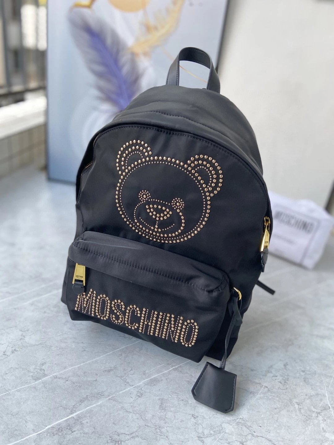 moschin莫斯奇诺双肩包 女包 铆钉熊背包 女休闲背包 电脑包 字母双肩包 尼龙书包 8