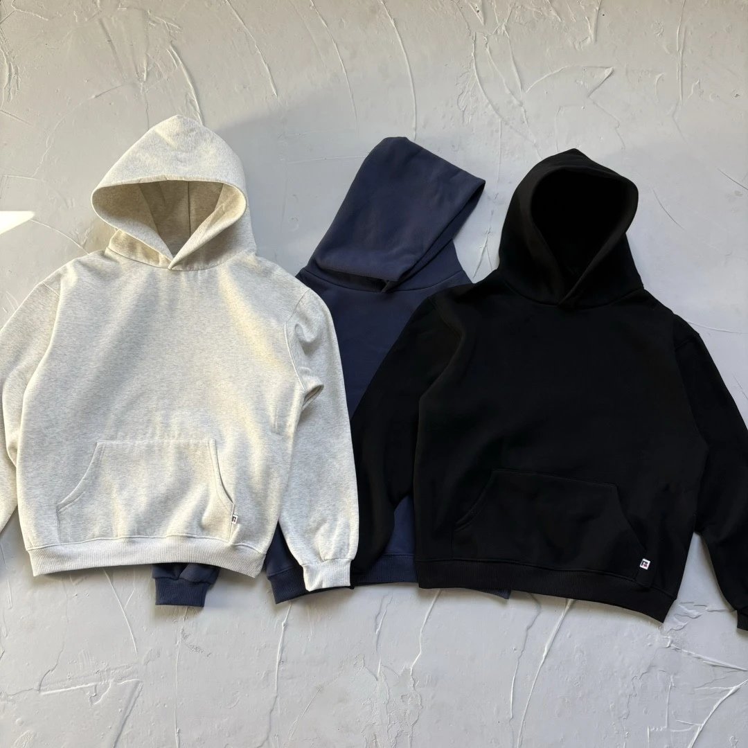 Vintage Russell Russell Hooded Fleece Grey Hoodie in Clean Fit Style, Customized Collar Label Accessories