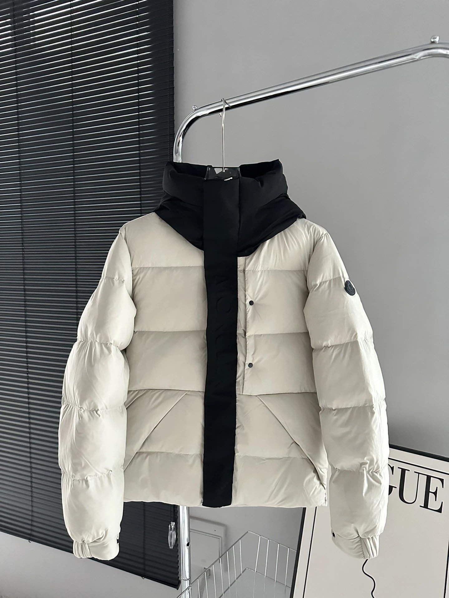 Black Moncler Down Jacket with Detachable Hood and Zippered Pockets