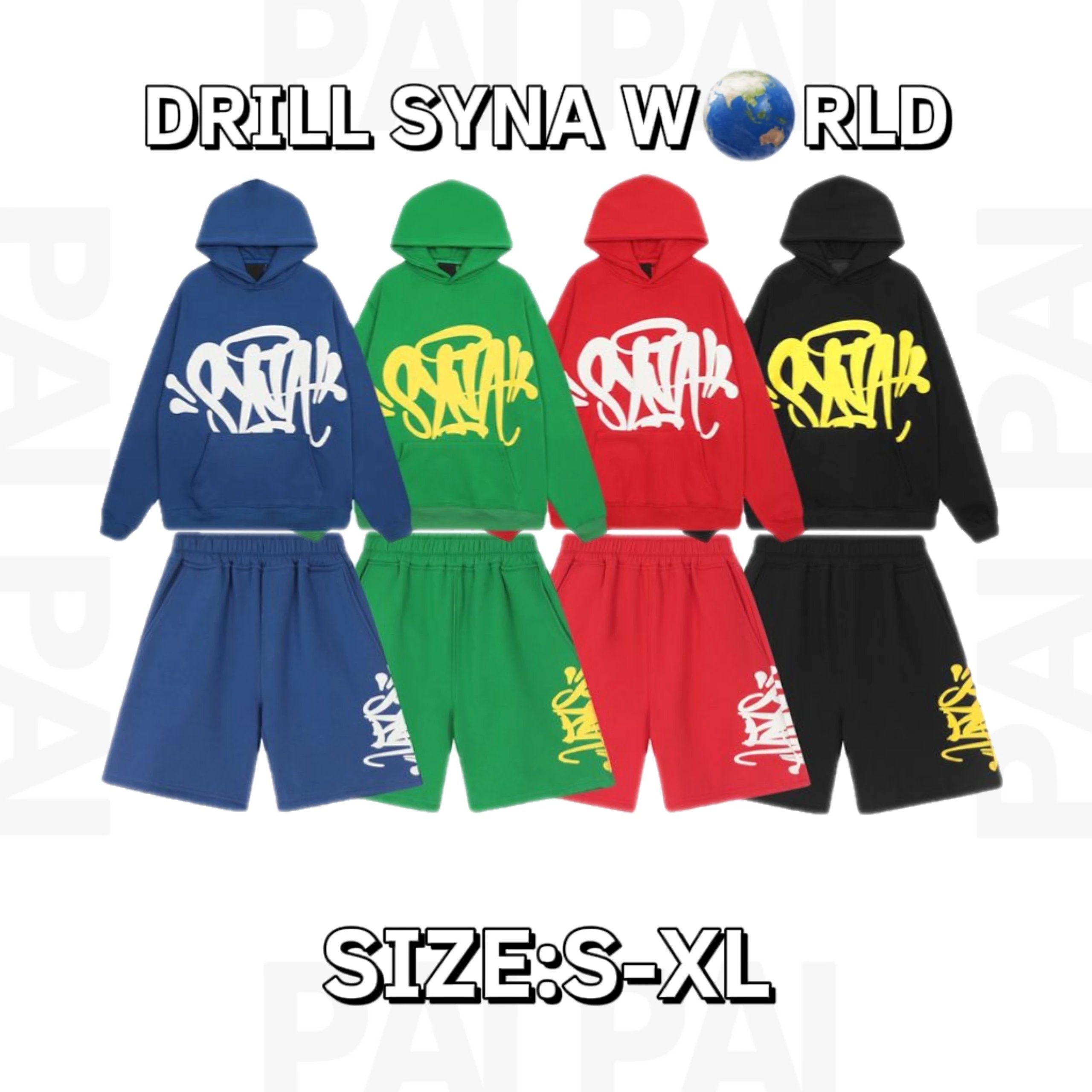 Drill Syna World Hoodie and Shorts Set in Blue, Green, Red, and Black