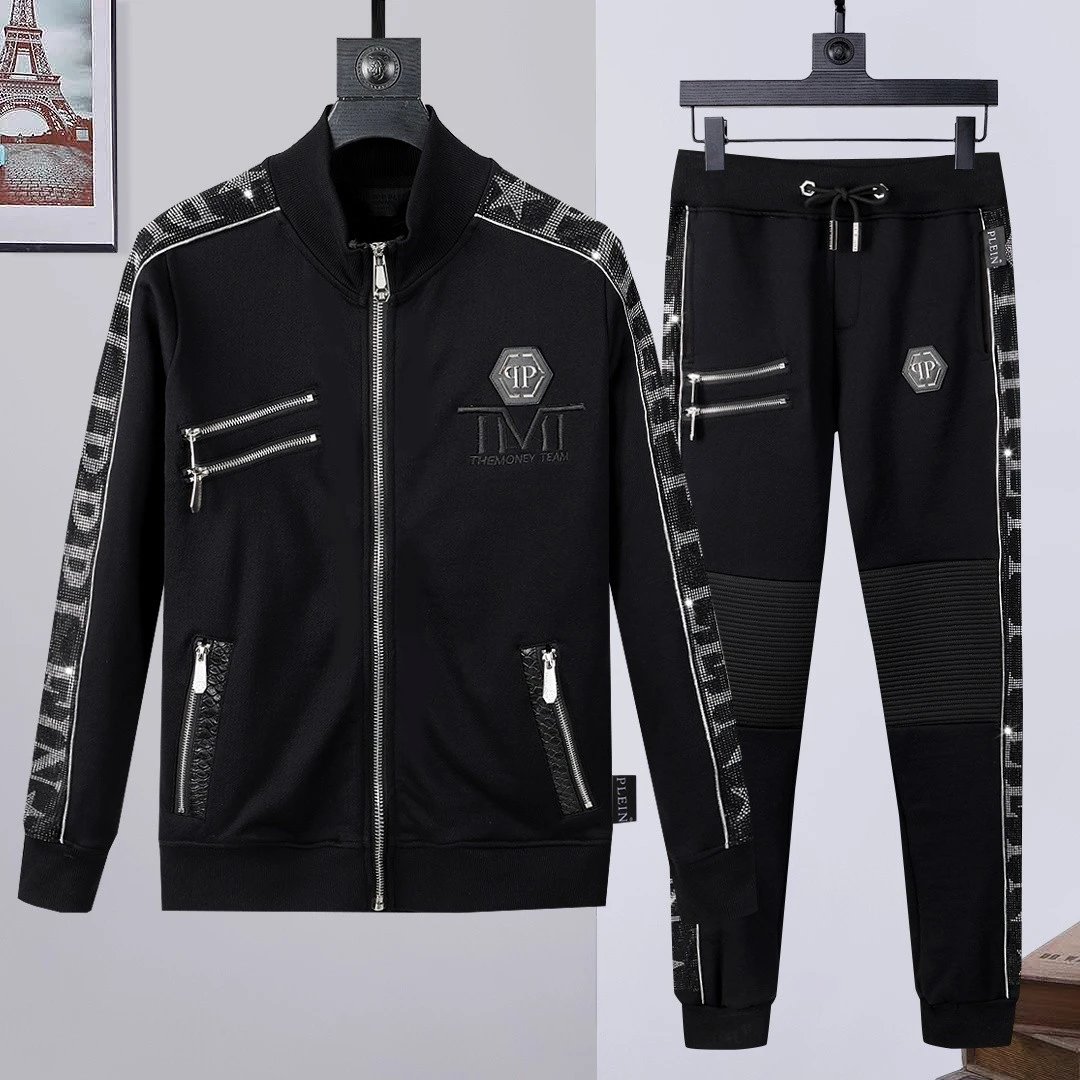 Philipp Plein Black Rhinestone Trimmed Zip-Up Jacket and Jogger Set