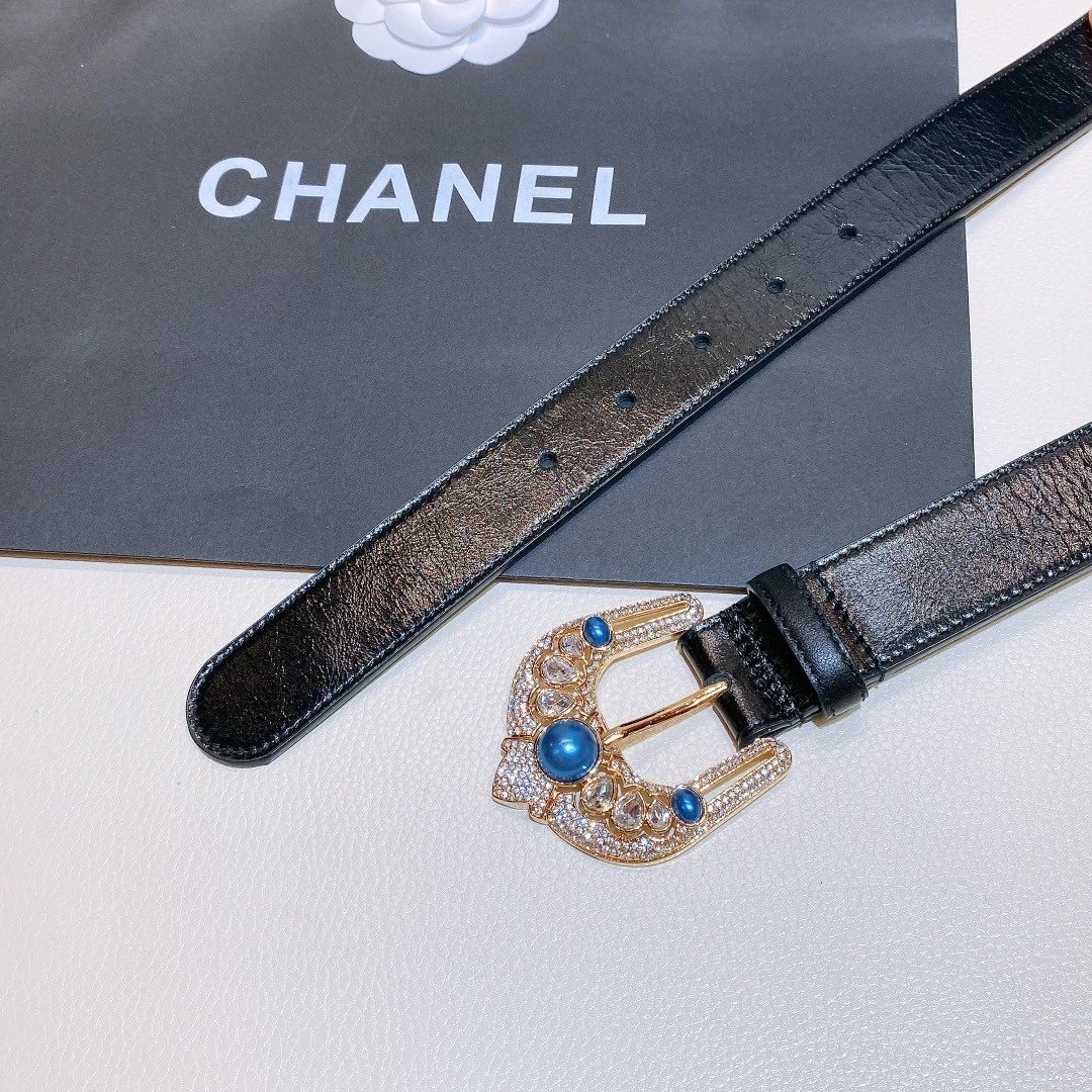 Chanel Pearl and Crystal Buckle Leather Belt