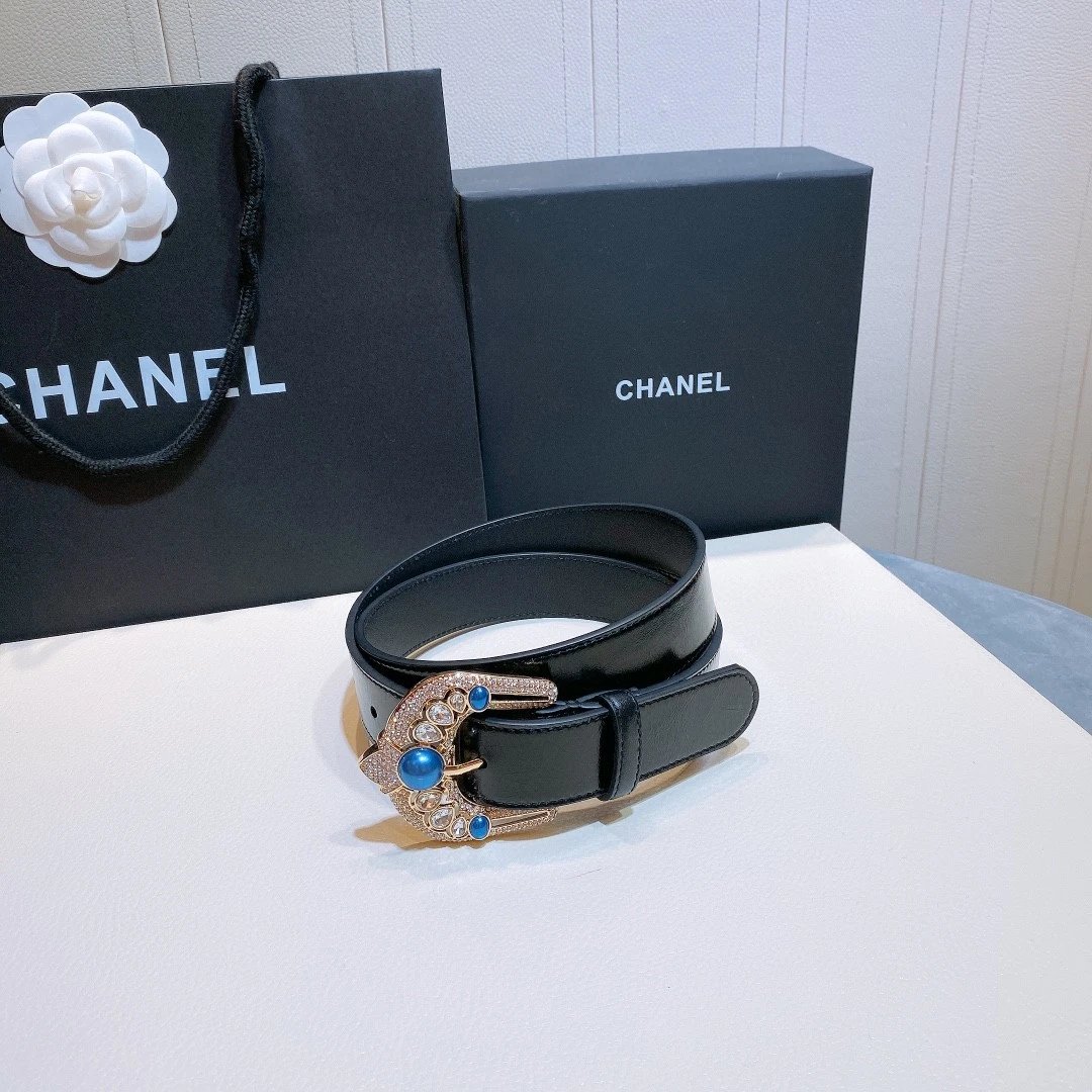 Chanel Pearl and Crystal Buckle Leather Belt