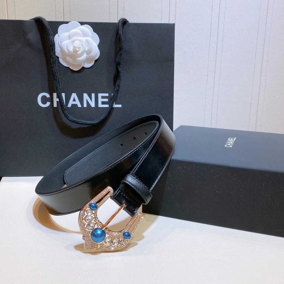 Chanel Pearl and Crystal Buckle Leather Belt