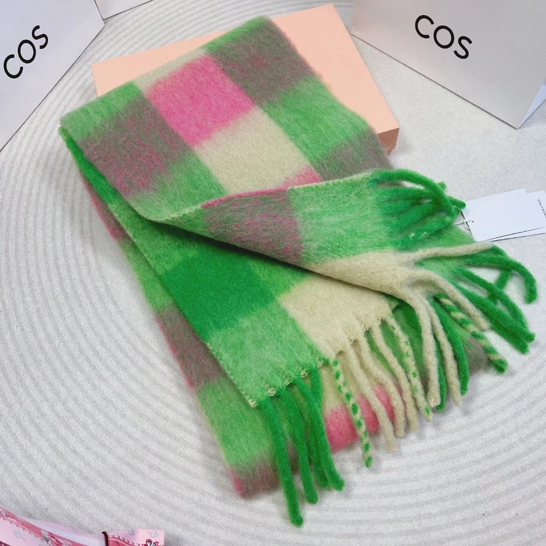 Design COS Plaid Wool-Blend Scarf in Green Pink Beige Scarves