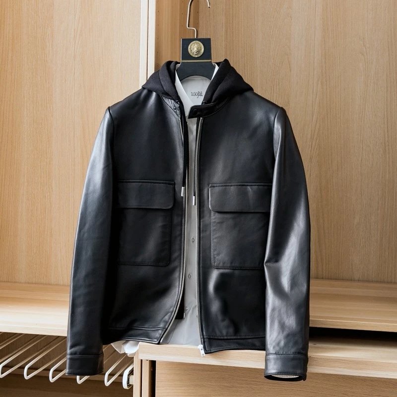 Turkish lamb leather hooded puffer jacket