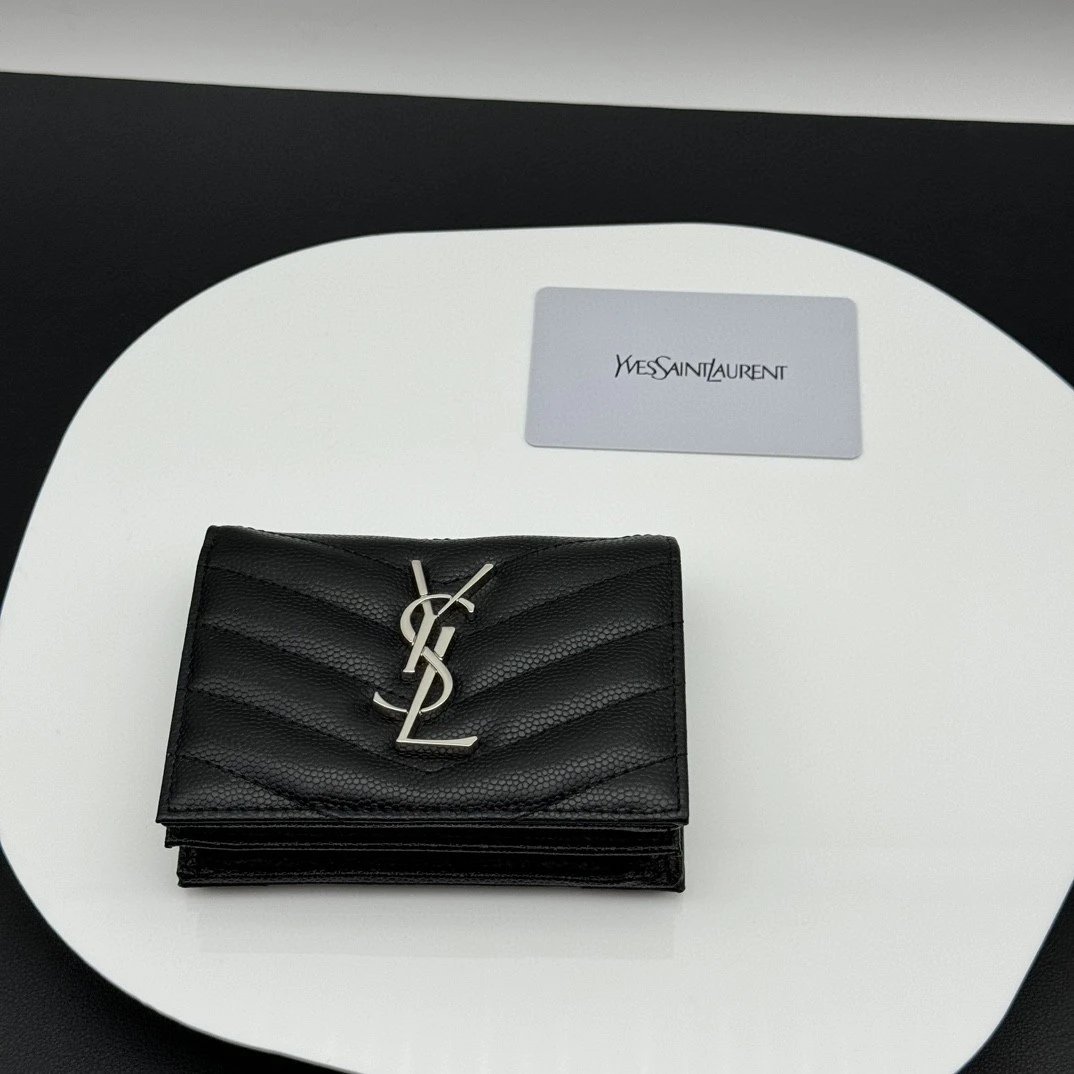 YSL High-quality, in-stock classic Y brand caviar leather short folding coin purse/card holder.