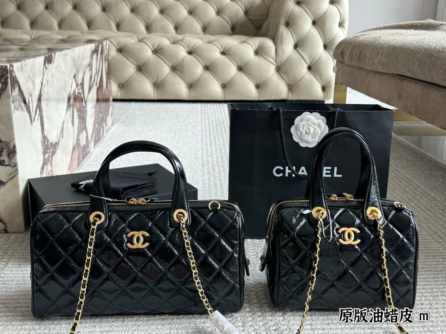 High-quality new Chanel-style waxed glossy leather tote/shoulder/crossbody bowling pillow bag.