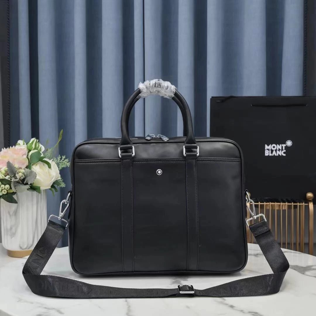 Montblanc Business Briefcase Full-Grain Cowhide Laptop Bag Double-Zip Top Handle Crossbody Shoulder Bag for Men 39x29x8cm A-183