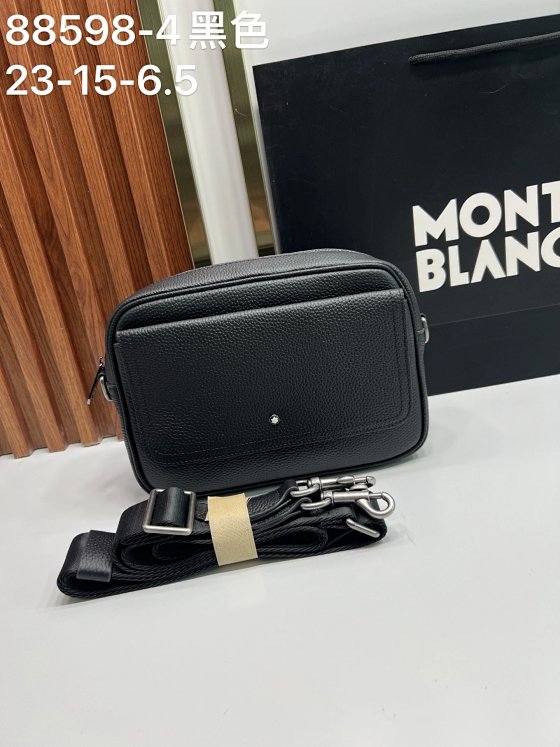 Montblanc Dual-Front-Pocket Courier Bag for Men, Premium Imported Full-Grain Pebbled Calfskin Leather Crossbody Shoulder Bag, All-Steel Hardware Zipper Handbag 88598-4, Size: 23-15-7cm, A-595