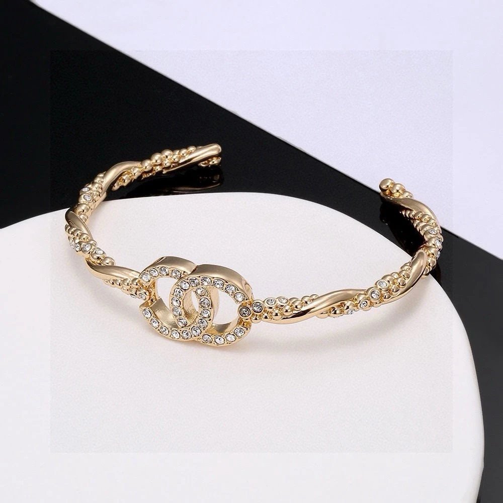 Chanel Full Diamond Double C Bracelet Women's Open Bangle A-277