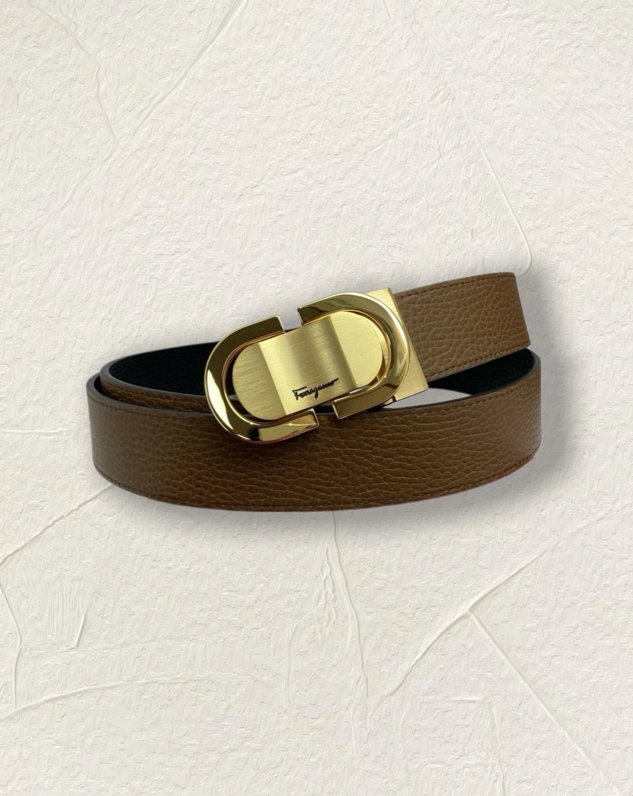 Salvatore Ferragamo Grained Calfskin Leather Belt Premium Imported Steel Buckle Mens Dress Belt Essential Accessory Width 3.5cm A-169