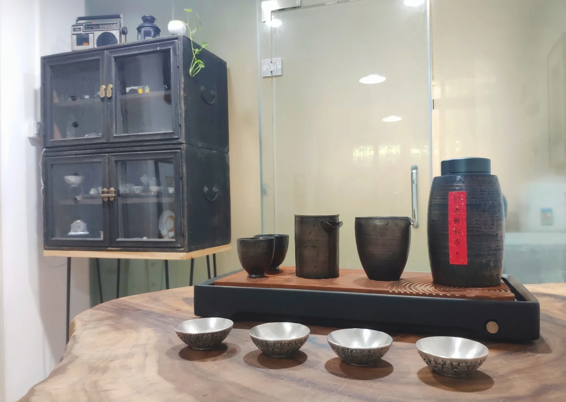 福禄寿喜”百字图微雕白铜镀银小茶杯4个一套
