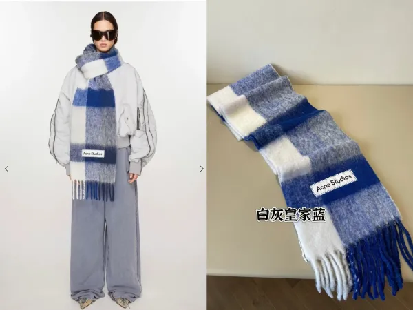 Acne Studios Checkered Wool Scarf White Gray Royal Blue Cashmere-Blend Scarf - 1