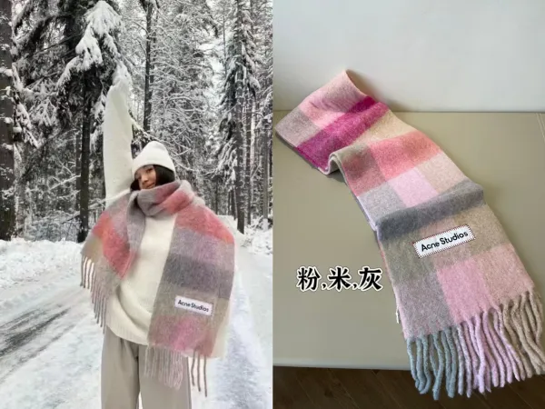 Acne Studios Checkered Cashmere Scarf Pink Beige Gray Scarf - 1